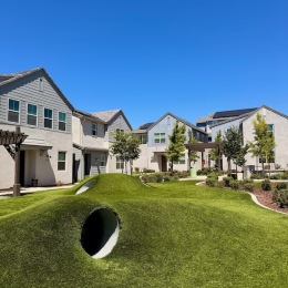 a courtyard with grass
